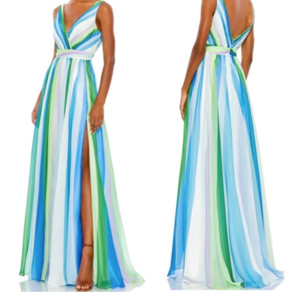 Mac Duggal | Blue Green Multicolor Stripe Plunge Maxi Gown 4